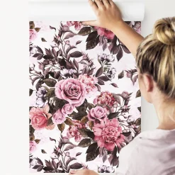 Papier Peint Intissé FLEURS Roses Pivoines Plantes Rétro Pour Salon