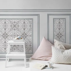 Papier peint intissé gris motif arabesque, décoratif unique, imitation boiseries, 75 cm X 200 cm