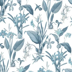 Papier peint intissé Jardin Secret Lutece mat et satiné fleurs bleu, blanc l.1000 x l.53 cm