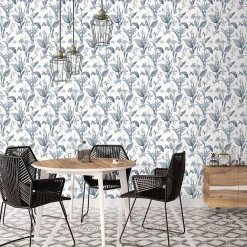 Papier peint intissé Jardin Secret Lutece mat et satiné fleurs bleu, blanc l.1000 x l.53 cm