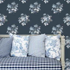 Papier peint intissé Jardin Secret Lutece mat et satiné fleurs bleu, bleu nuit l.1000 x l.53 cm