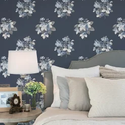 Papier peint intissé Jardin Secret Lutece mat et satiné fleurs bleu, bleu nuit l.1000 x l.53 cm