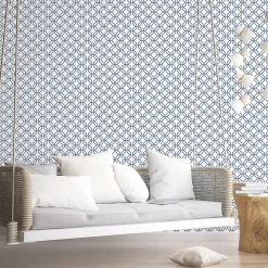 Papier peint intissé Jardin Secret Lutece mat et satiné hexagone bleu, blanc l.1000 x l.53 cm