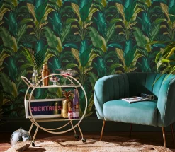 Papier peint intissé Leaf it out midnight feuilles de palmier vert, bleu L.1000 x l.52cm Envy