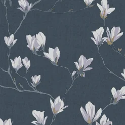 Papier peint intissé Magnolia grove imprimé fleurs blanches sur fond bleu marine L.1000 x l.52cm Laura Ashley