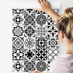 Papier Peint Intissé MOSAIQUE Décoration Noir Blanc Pour La Cuisine Salon