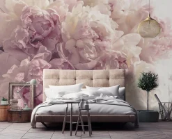 Papier Peint Intissé Panoramique Fleurs Pivoines Rose 400x280 cm - Colle Inclus - Chambre et Salon - Moderne Trompe l'oeil