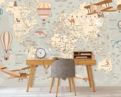 Papier Peint Intissé Panoramique Enfant Carte du monde 400x280 cm - Colle Inclus - Papier Peint Enfant Beige