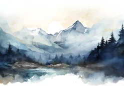 Papier Peint Intissé Panoramique Montagnes Aquarelle 350x250 cm - Colle Inclus - Chambre et Salon - Bleu Blanc