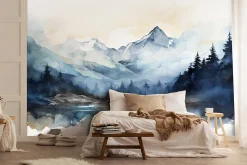 Papier Peint Intissé Panoramique Montagnes Aquarelle 350x250 cm - Colle Inclus - Chambre et Salon - Bleu Blanc