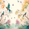 Papier Peint Intissé Panoramique Forêt Peint Oiseaux Art 400x280 cm - Colle Inclus - Chambre et Salon - Moderne Trompe l'oeil