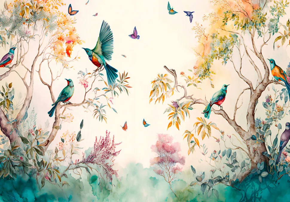Papier Peint Intissé Panoramique Forêt Peint Oiseaux Art 400x280 cm - Colle Inclus - Chambre et Salon - Moderne Trompe l'oeil