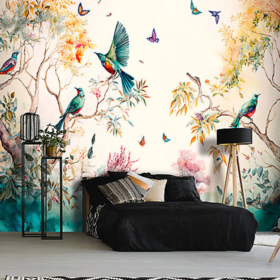 Papier Peint Intissé Panoramique Forêt Peint Oiseaux Art 400x280 cm - Colle Inclus - Chambre et Salon - Moderne Trompe l'oeil