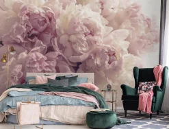 Papier Peint Intissé Panoramique Fleurs Pivoines Rose 350x250 cm - Colle Inclus - Chambre et Salon - Moderne Trompe l'oeil
