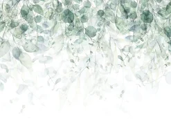 Papier Peint Intissé Panoramique Feuilles Vert 350x250 cm - Colle Inclus - Colle Inclus - Chambre et Salon - Vert Blanc Nature