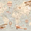 Papier Peint Intissé Panoramique Enfant Carte du monde 350x250 cm - Colle Inclus - Papier Peint Enfant Beige