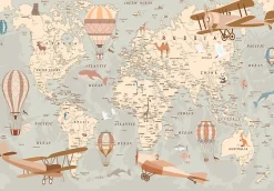 Papier Peint Intissé Panoramique Enfant Carte du monde 350x250 cm - Colle Inclus - Papier Peint Enfant Beige