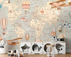 Papier Peint Intissé Panoramique Enfant Carte du monde 350x250 cm - Colle Inclus - Papier Peint Enfant Beige