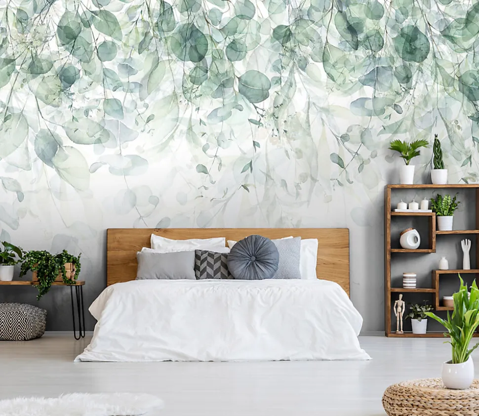 Papier Peint Intissé Panoramique Feuilles Vert 400x280 cm - Colle Inclus - Colle Inclus - Chambre et Salon - Vert Blanc Nature