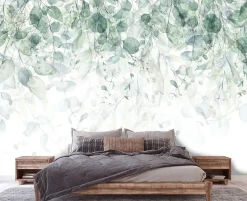 Papier Peint Intissé Panoramique Feuilles Vert 400x280 cm - Colle Inclus - Colle Inclus - Chambre et Salon - Vert Blanc Nature