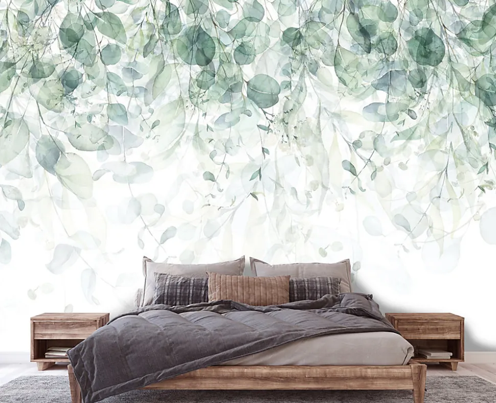 Papier Peint Intissé Panoramique Feuilles Vert 400x280 cm - Colle Inclus - Colle Inclus - Chambre et Salon - Vert Blanc Nature