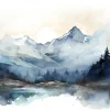 Papier Peint Intissé Panoramique Montagnes Aquarelle 300x210 cm - Colle Inclus - Chambre et Salon - Bleu Blanc