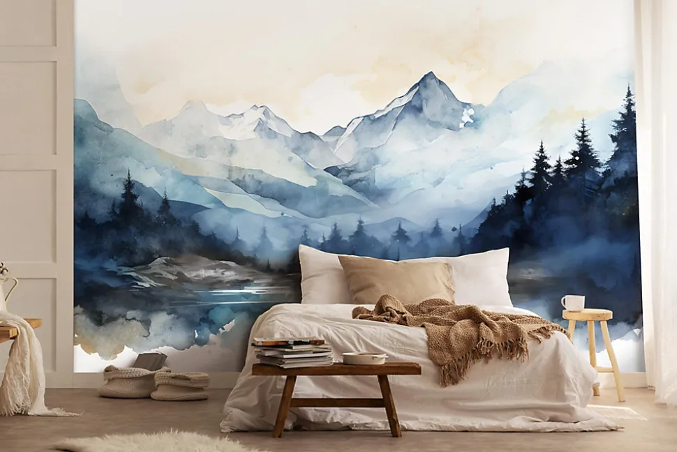 Papier Peint Intissé Panoramique Montagnes Aquarelle 300x210 cm - Colle Inclus - Chambre et Salon - Bleu Blanc