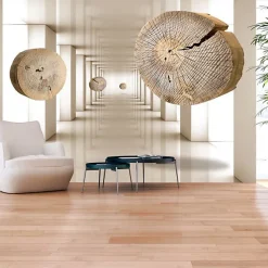 Papier peint intissé panoramique 3d et perspective cercles de bois volants 350x245 cm