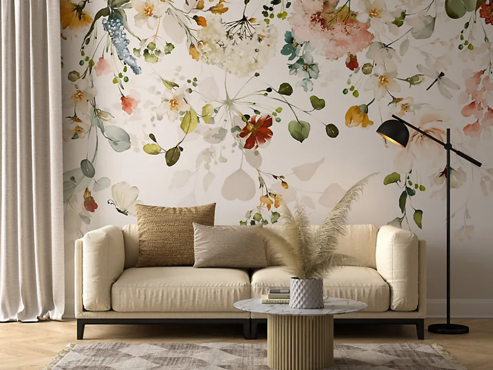 Papier Peint Intissé Photo Pour Salon FLEURS Colorées Feuilles Plantes Nature 405cm x 270cm