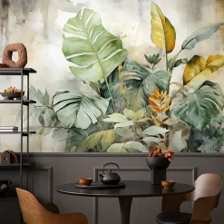Papier Peint Intissé Photo Pour Chambre FEUILLES Plantes Aquarelle 368cm x 254cm
