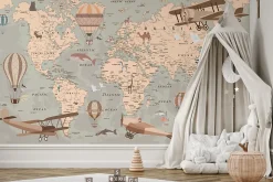 Papier Peint Intissé Photo Pour Enfant CARTE DU MONDE Animaux Avions Ballons Rétro 360cm x 240cm