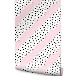 Papier Peint Intissé Points Noir Rayures Rose Pour Chambre D'Enfant