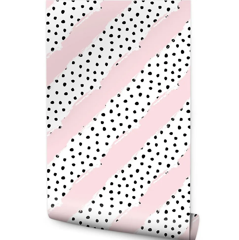 Papier Peint Intissé Points Noir Rayures Rose Pour Chambre D'Enfant