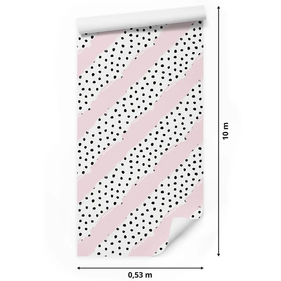 Papier Peint Intissé Points Noir Rayures Rose Pour Chambre D'Enfant