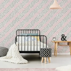 Papier Peint Intissé Points Noir Rayures Rose Pour Chambre D'Enfant