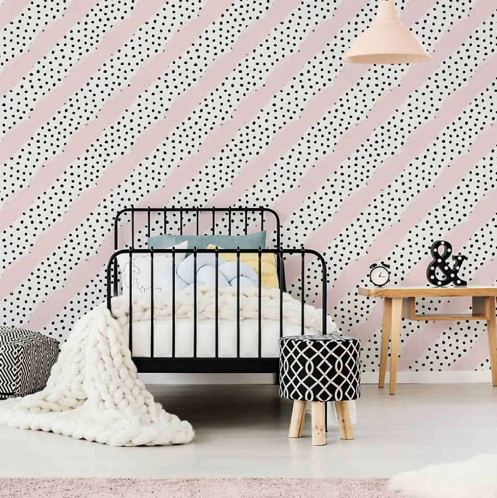 Papier Peint Intissé Points Noir Rayures Rose Pour Chambre D'Enfant