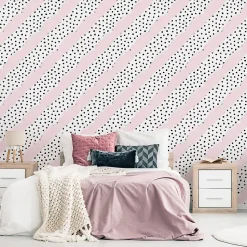Papier Peint Intissé Points Noir Rayures Rose Pour Chambre D'Enfant