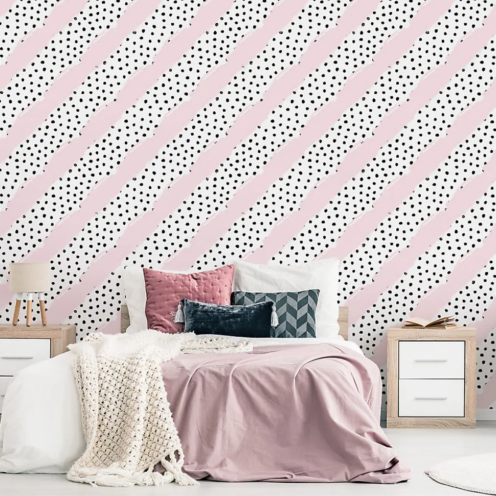 Papier Peint Intissé Points Noir Rayures Rose Pour Chambre D'Enfant