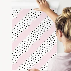 Papier Peint Intissé Points Noir Rayures Rose Pour Chambre D'Enfant