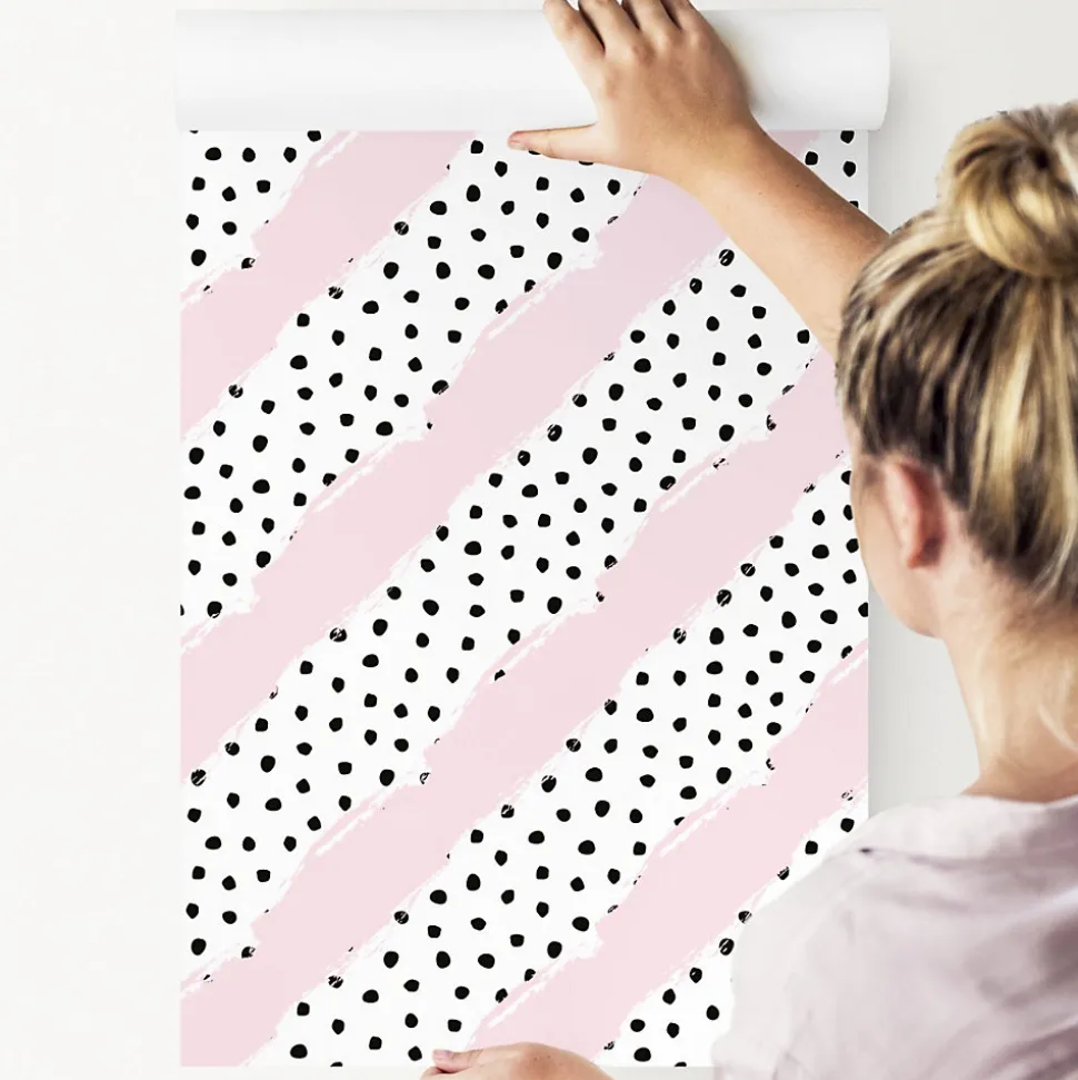 Papier Peint Intissé Points Noir Rayures Rose Pour Chambre D'Enfant