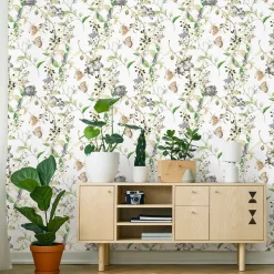 Papier Peint Intissé Pour Salon PAPILLONS Fleurs Feuilles Nature