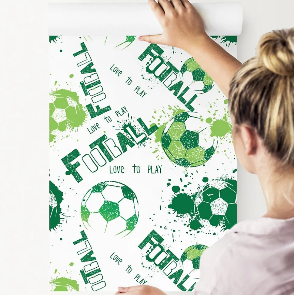 Papier Peint Intissé Pour La Chambre Football BALLE Inscriptions Vertes