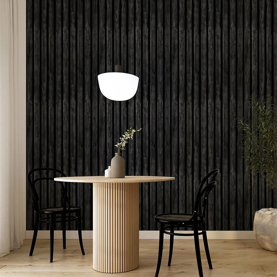Papier Peint Intissé Pour Chambre PLANCHES Noir Lamelles Bois Imitation