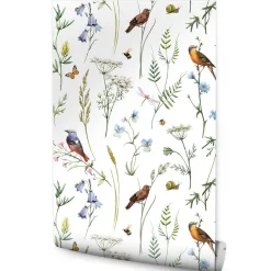 Papier Peint Intissé Pour Salon OISEAUX Fleurs Feuilles Nature