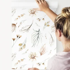 Papier Peint Intissé Pour Salon FLEURS Feuilles Plantes Aquarelle