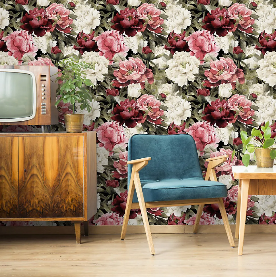 Papier Peint Intissé Pour Salon FLEURS Pivoines Feuilles Nature