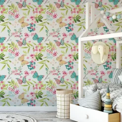 Papier Peint Intissé Pour La Chambre PAPILLONS Colorés Feuilles Fleurs