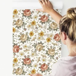 Papier Peint Intissé Pour Chambre FLEURS Roses Camomille Nature
