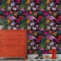 Papier Peint Intissé Pour Salon FLEURS Flamants Feuilles