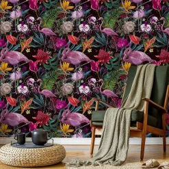 Papier Peint Intissé Pour Salon FLEURS Flamants Feuilles